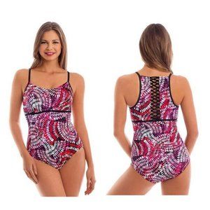 Women's Upstream Sport Tummy Slimmer Lattice-Back One-Piece Swimsuit Sz 12- NWOT